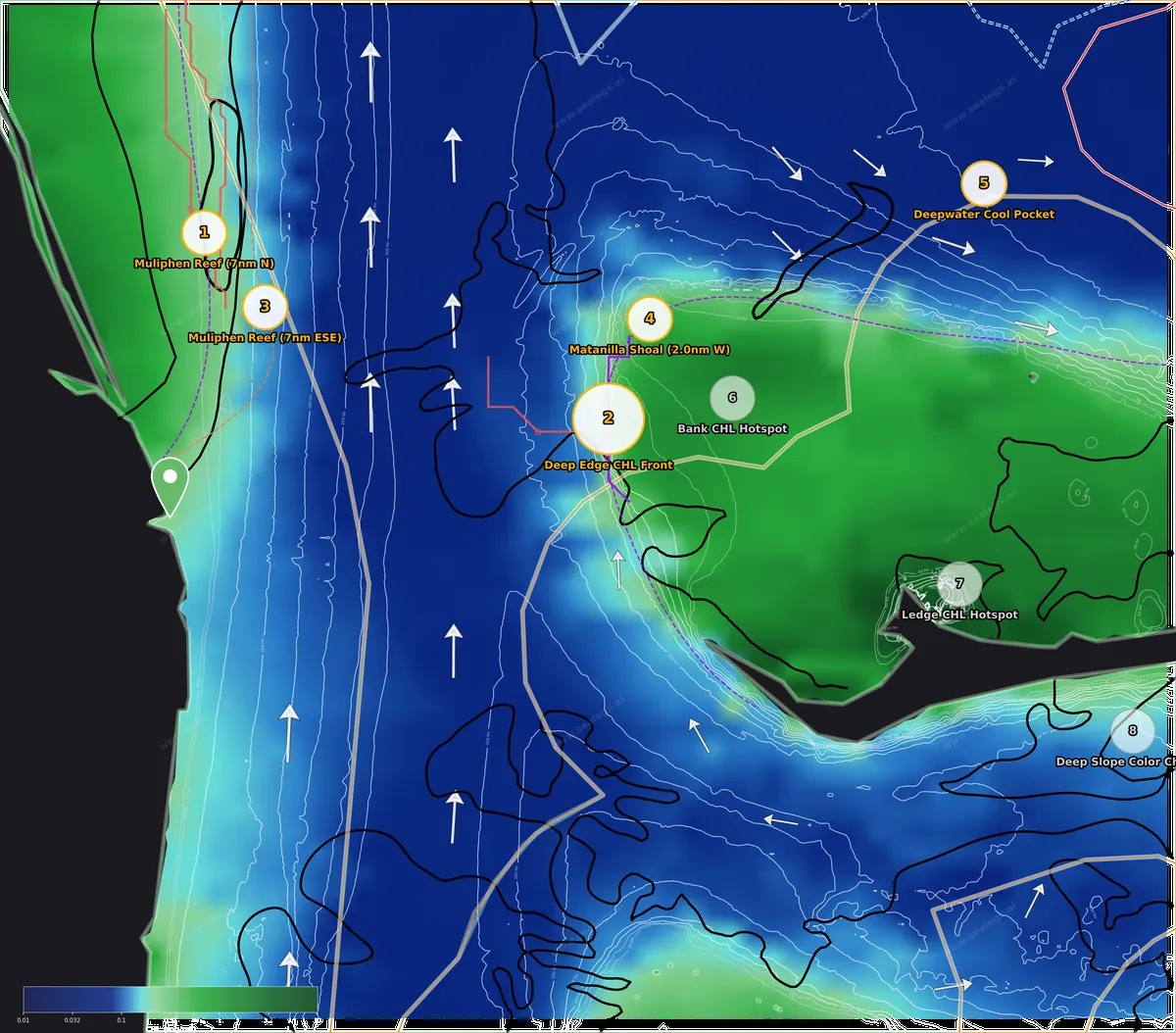 Jupiter & Palm Beach chlorophyll map: green-to-blue color edges and this week's ranked spots out of Jupiter Inlet