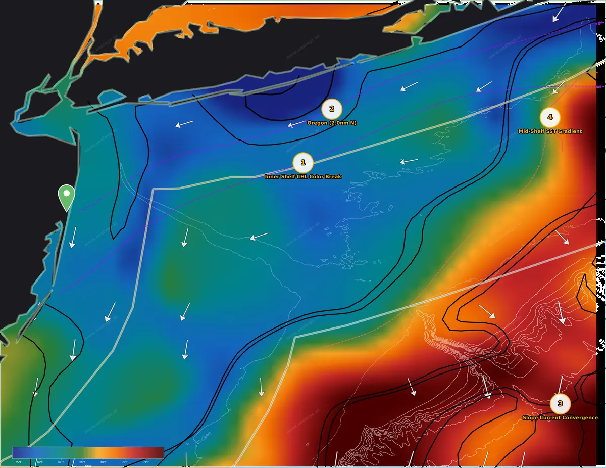 New Jersey offshore fishing map: sea surface temperature with inshore, midshore and offshore zones and this week's ranked spots out of Manasquan Inlet