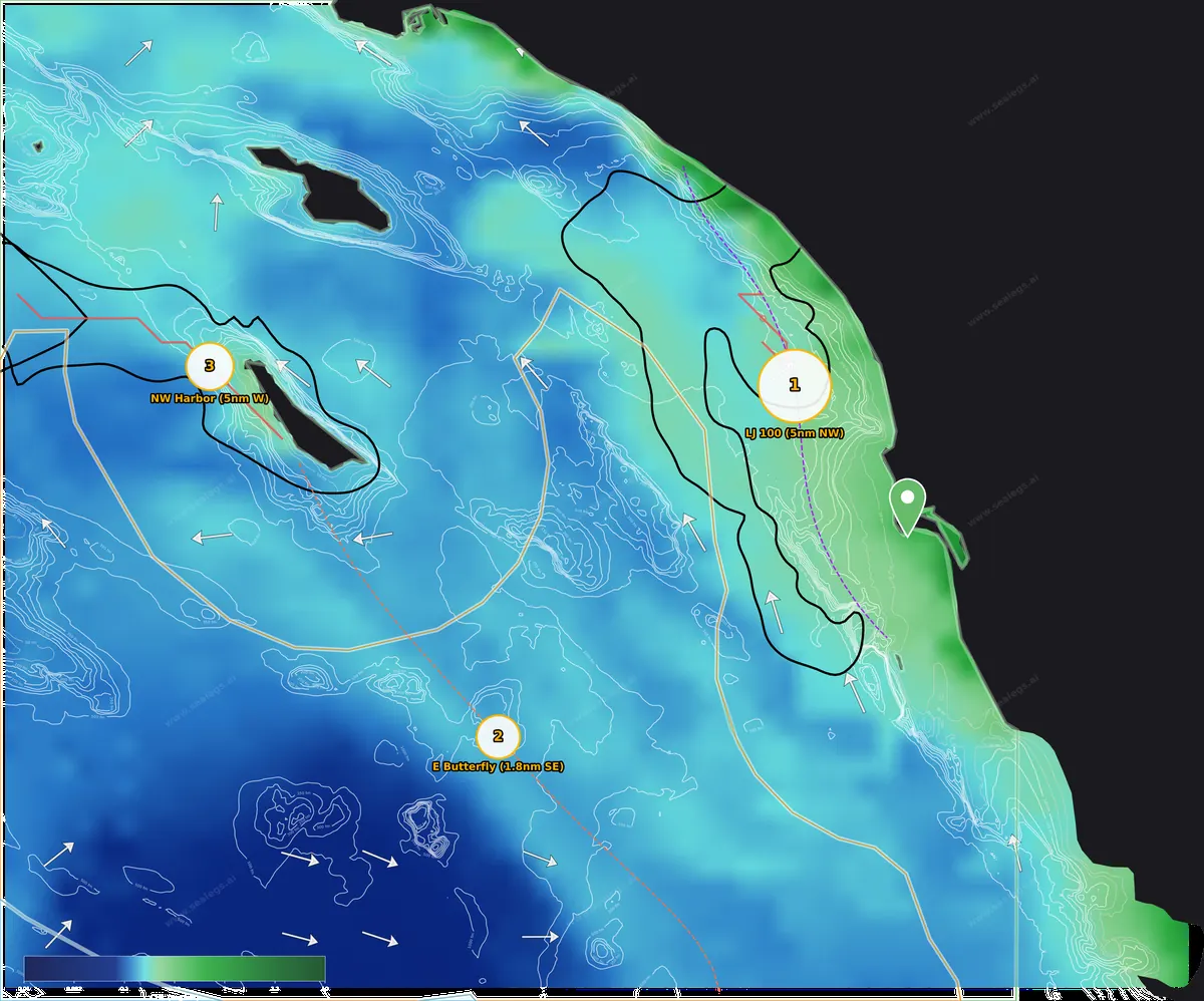 San Diego chlorophyll map: green-to-blue color edges and this week's ranked spots out of San Diego Bay Inlet