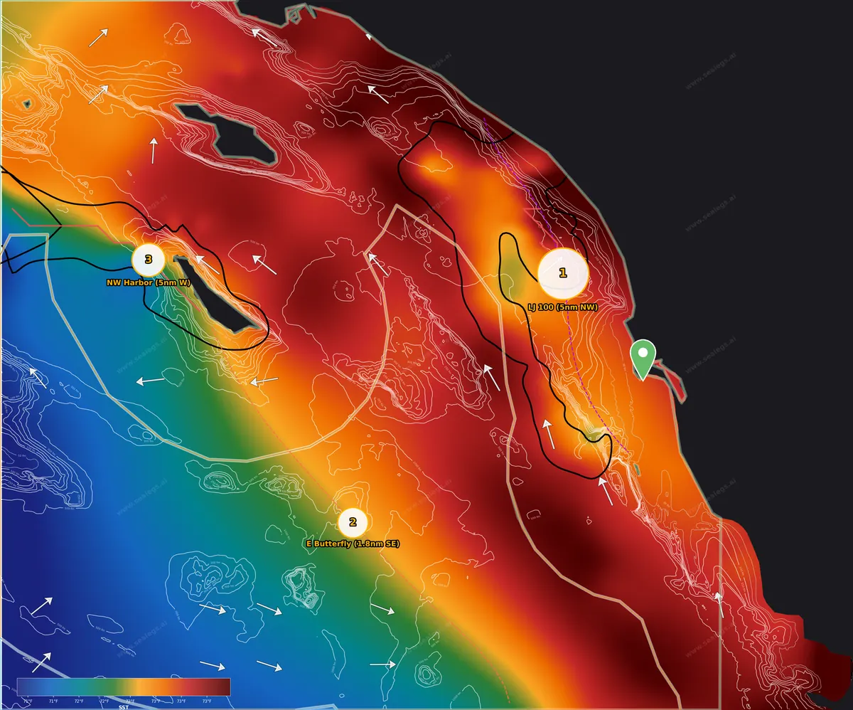 San Diego offshore fishing map: sea surface temperature with inshore, midshore and offshore zones and this week's ranked spots out of San Diego Bay Inlet